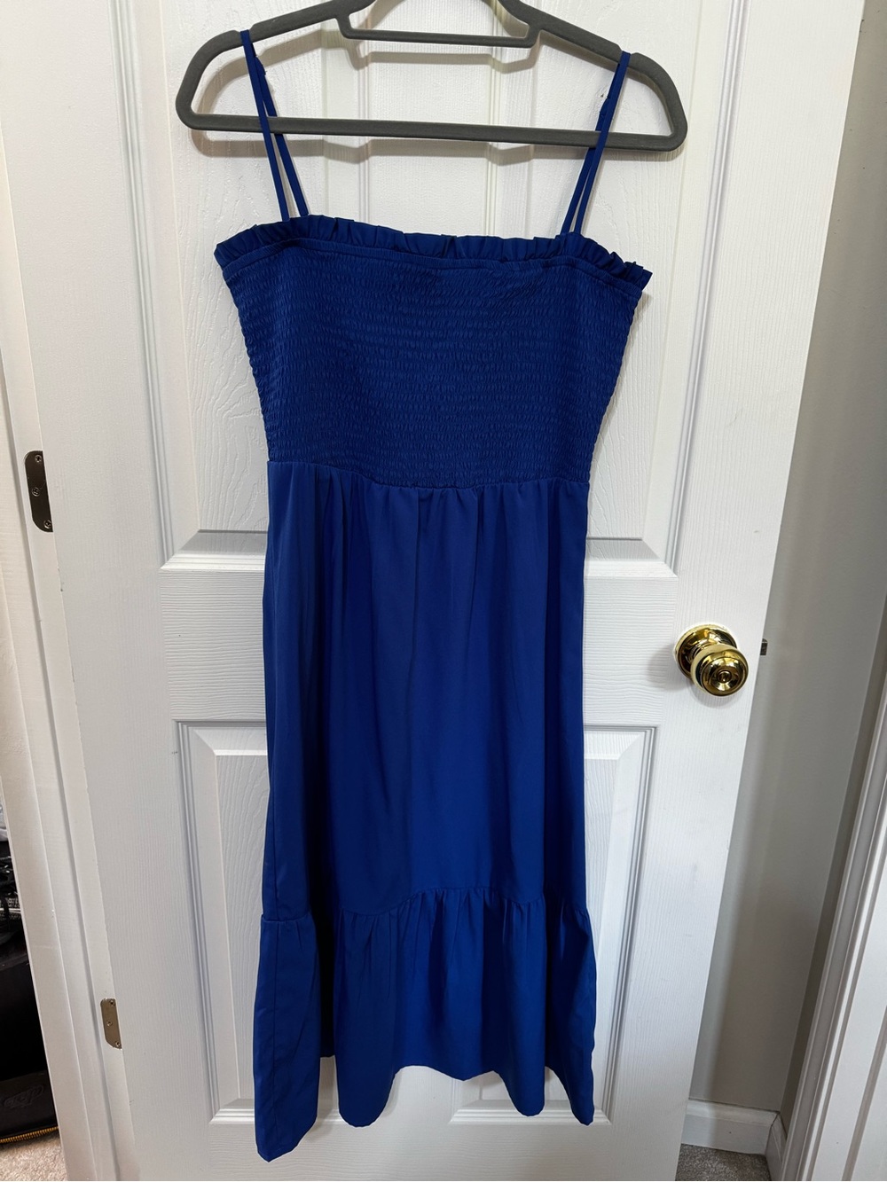 Smocked Spaghetti-Strap Midi Dress in Royal Blue